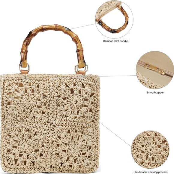 Beach Straw Bag For Women: Large Handbag Cute Purse With Bambo Top Handle For Su - Picture 5 of 7